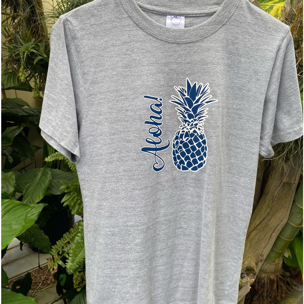 Gray “Aloha!” T-Shirt with Blue Pineapple Design